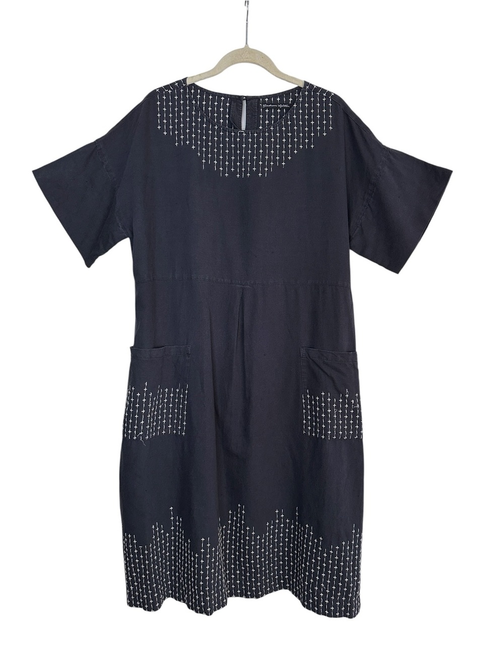 GUDRUN SJODEN Navy Linen Blend Embroidered Dress Scandinavian Lagenlook Pocket M - Picture 2 of 13